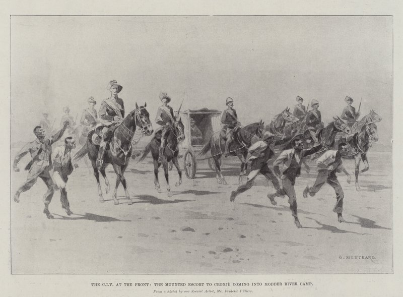De CIV aan het front, de bereden escorte naar Cronje komt het Modder River-kamp binnen door Charles Auguste Loye