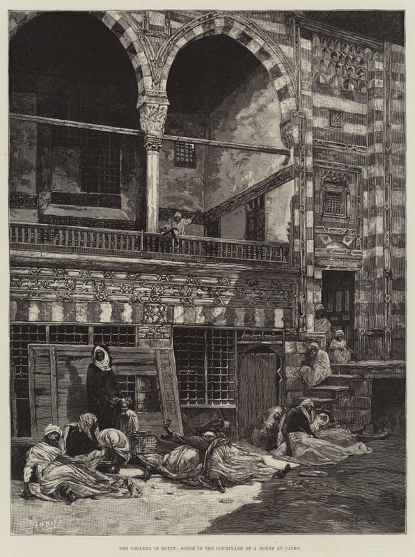 De cholera in Egypte, scène in de binnenplaats van een huis in Caïro door Charles Auguste Loye