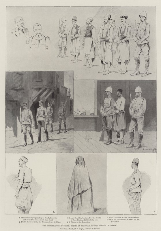 De ongeregeldheden op Kreta, scènes bij het proces van de relschoppers in Candia door Charles Auguste Loye