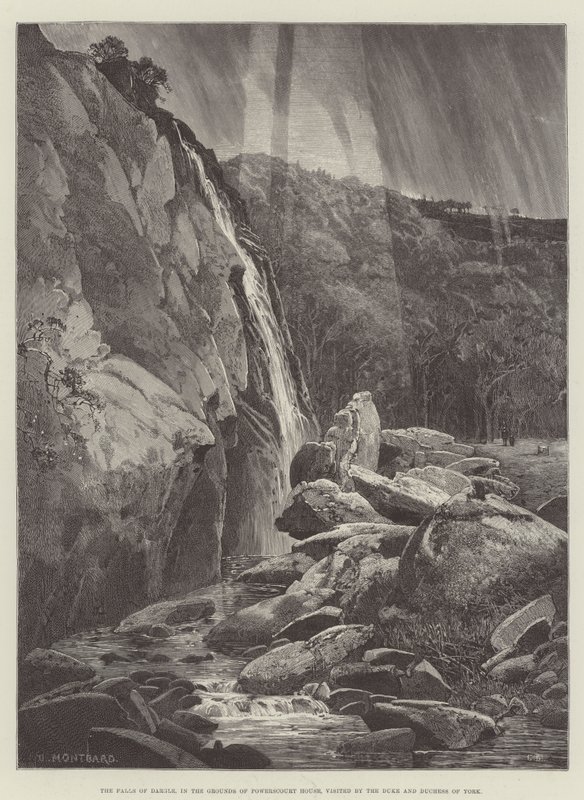 De watervallen van Dargle, in de tuinen van Powerscourt House, bezocht door de hertog en hertogin van York door Charles Auguste Loye