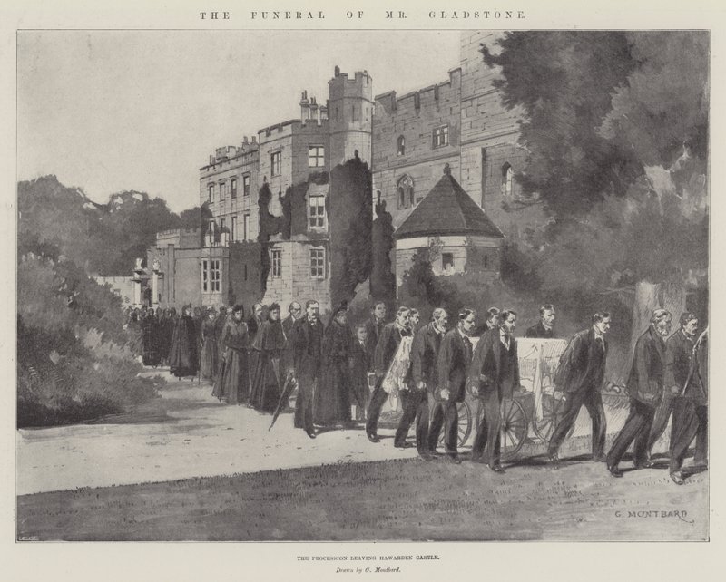 De begrafenis van Mr Gladstone, de processie verlaat Hawarden Castle door Charles Auguste Loye
