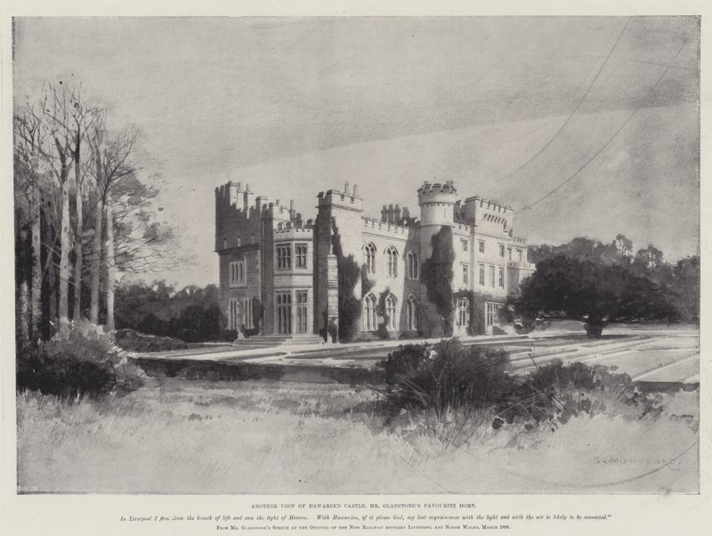 Het leven van William Ewart Gladstone, een ander uitzicht op Hawarden Castle, het favoriete huis van Mr. Gladstone door Charles Auguste Loye