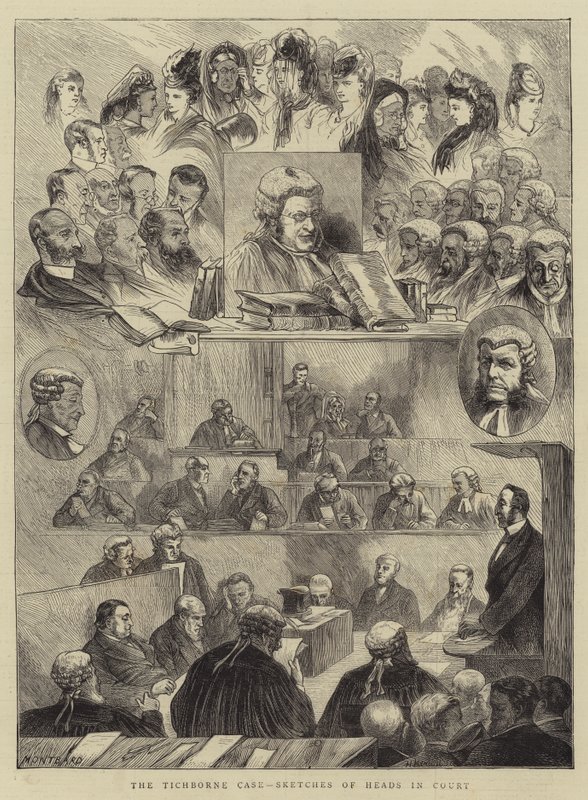 De Tichborne-zaak, schetsen van hoofden in de rechtbank door Charles Auguste Loye