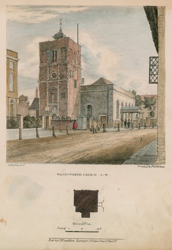 Zuidwestelijke aanblik van de kerk van Wandsworth door Charles Burton