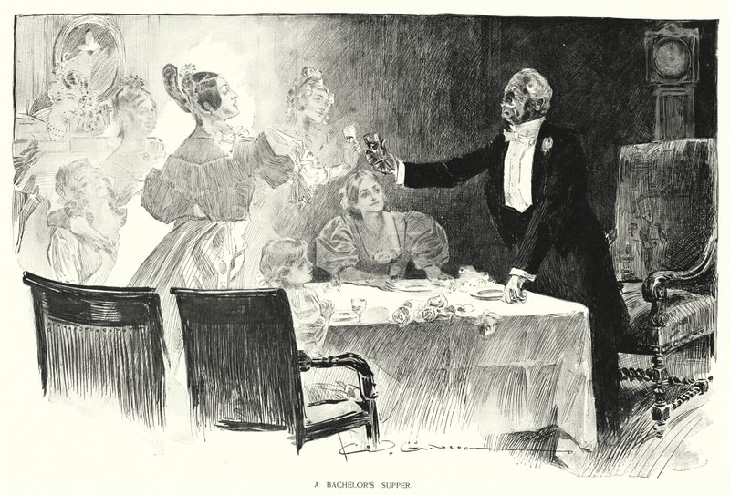 Een vrijgezellenmaaltijd (litho) door Charles Dana Gibson