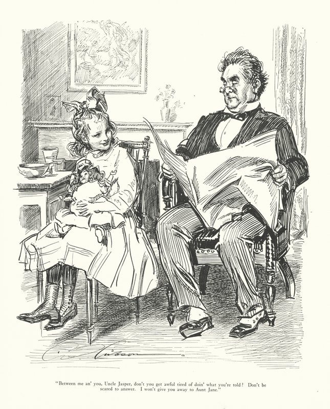 "Tussen jou en mij, Oom Jasper, word je niet vreselijk moe van doen wat je wordt verteld? Wees niet bang om te antwoorden. Ik zal je niet verraden aan Tante Jane" door Charles Dana Gibson