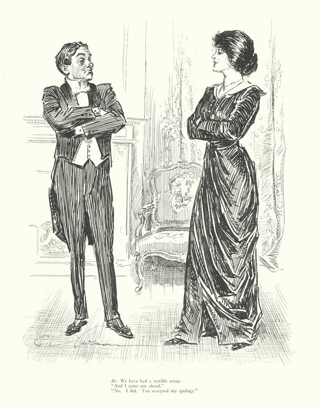 We hebben een verschrikkelijke ruzie gehad. "En ik kwam als winnaar uit de bus." "Nee. Dat deed ik. Je accepteerde mijn excuses" door Charles Dana Gibson