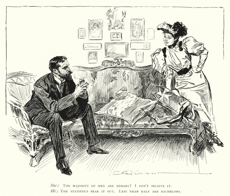 Mannen zijn helden - minder dan de helft is vrijgezel (litho) door Charles Dana Gibson