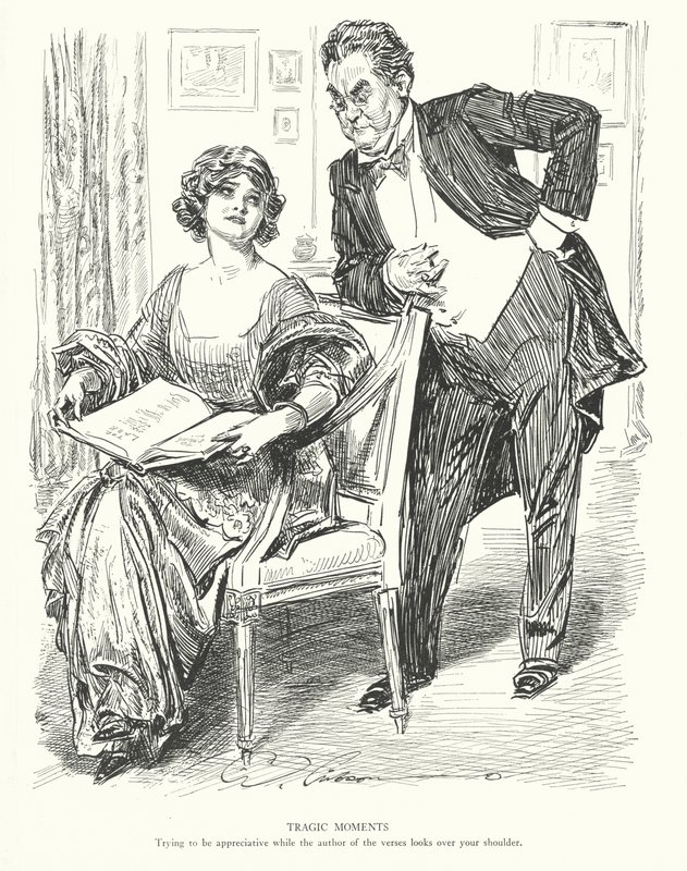 Tragische Momenten, Proberen waarderend te zijn terwijl de auteur van de verzen over je schouder kijkt door Charles Dana Gibson