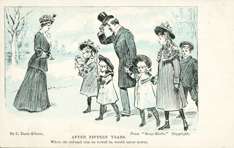 Vrouw ontmoet de man die ze weigerde in het huwelijk en die zwoer nooit te trouwen (kleur litho) door Charles Dana Gibson