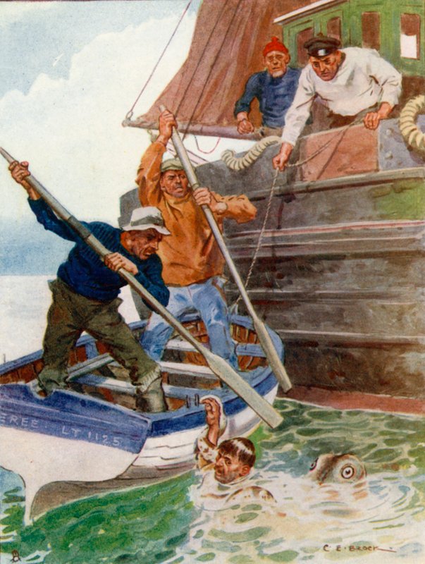 De twee mannen in de boot begonnen wanhopig te slaan en te graven naar een walgelijk voorwerp door Charles Edmund Brock