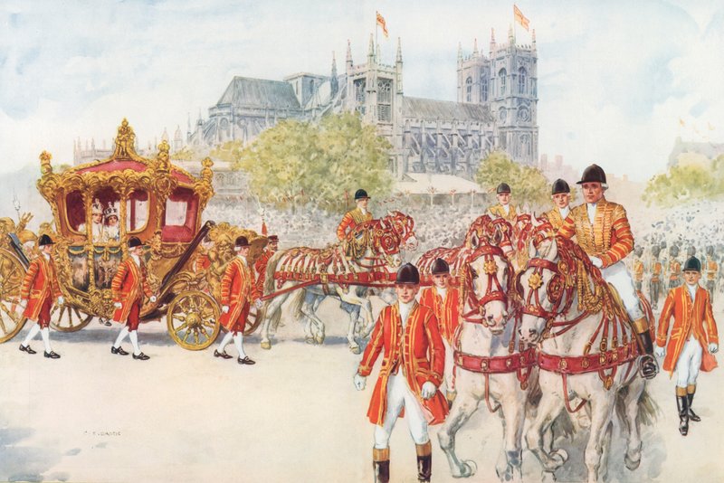 De kroningskoets draait de Embankment op (kleur litho) door Charles Edmund Brock