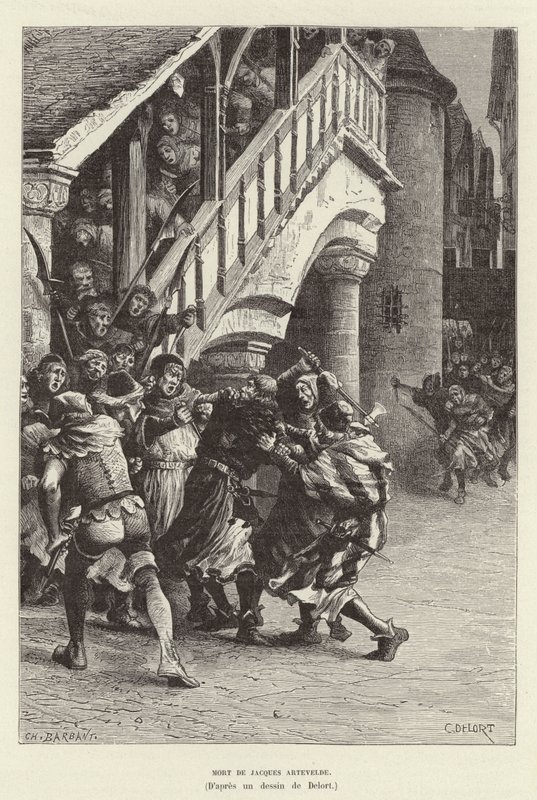 Dood van Jacob van Artevelde, Vlaamse koopman en politiek leider, door een menigte in Gent door Charles Edouard Delort