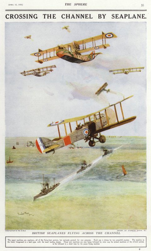 Britse watervliegtuigen vliegen over het Kanaal door Charles Edward (after) Dixon