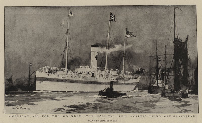 Amerikaanse hulp voor de gewonden, het hospitaalschip Maine voor anker bij Gravesend door Charles Edward Dixon