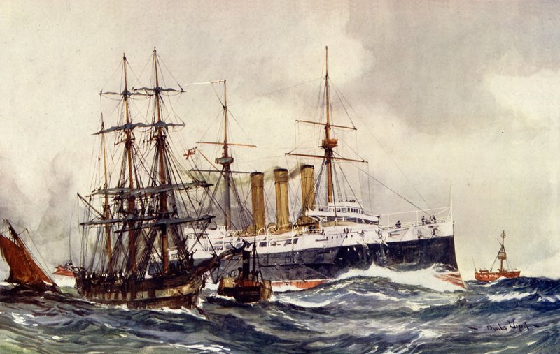 HMS Kent Passeert South Sand Lichtschip door Charles Edward Dixon