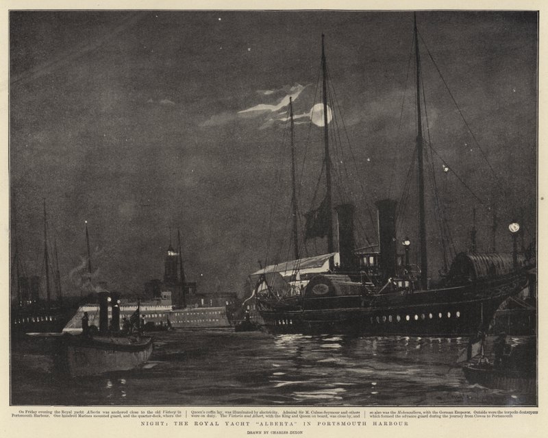 Nacht, het koninklijke jacht Alberta in de haven van Portsmouth door Charles Edward Dixon