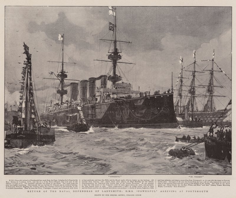 Terugkeer van de Marineverdedigers van Ladysmith, HMS Powerful aankomend in Portsmouth door Charles Edward Dixon