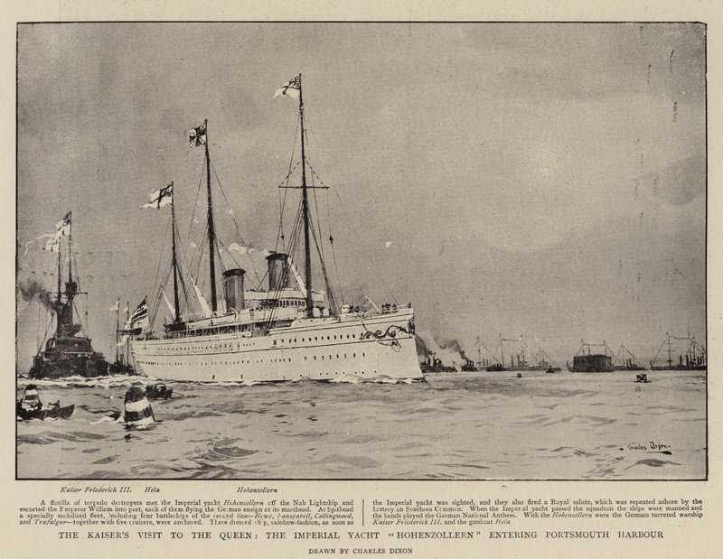 Het Bezoek van de Keizer aan de Koningin, het Keizerlijke Jacht Hohenzollern komt de Haven van Portsmouth Binnen door Charles Edward Dixon