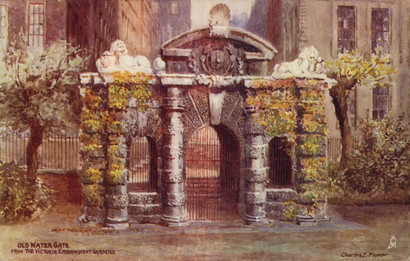 Oude Waterpoort vanuit de Victoria Embankment Gardens in Londen door Charles Edwin Flower