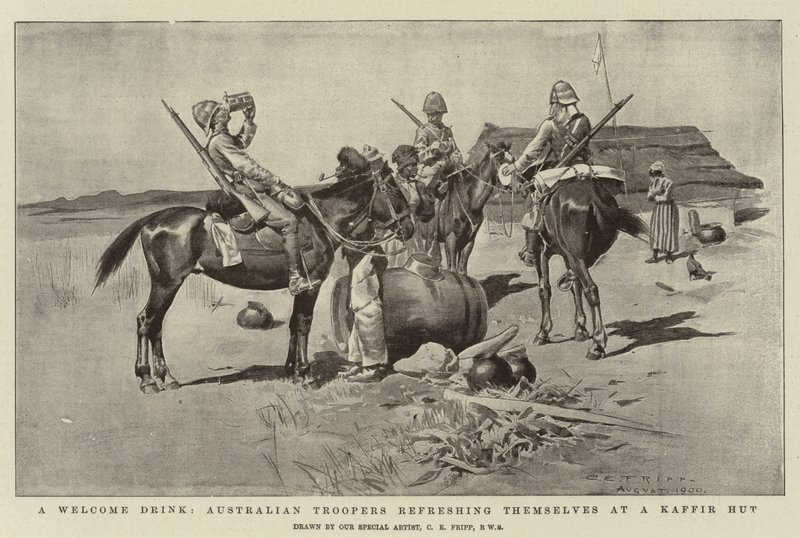 Een welkom drankje, Australische troopers verfrissen zich bij een Kaffir Hut door Charles Edwin Fripp