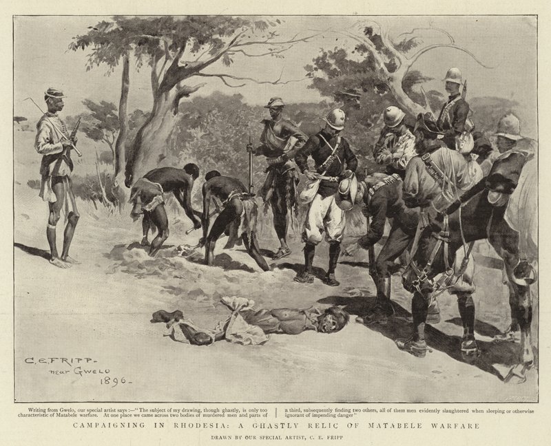 Campagne in Rhodesië, een Gruwelijk Overblijfsel van Matabele Oorlogvoering door Charles Edwin Fripp