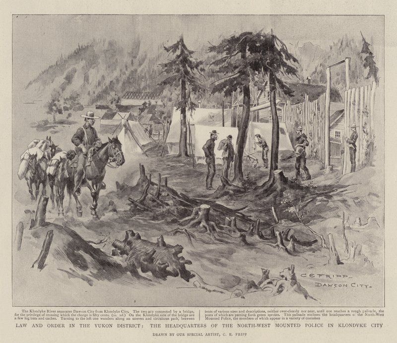 Wet en orde in het Yukon-district, het hoofdkwartier van de North-West Mounted Police in Klondyke City door Charles Edwin Fripp