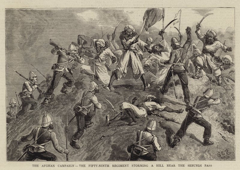 De Afghaanse Campagne, het Negenenvijftigste Regiment bestormt een Heuvel nabij de Sebundi Pas door Charles Edwin Fripp