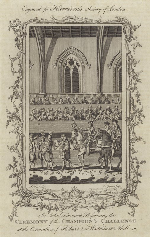 Sir John Dimmock die de Ceremonie van de Uitdaging van de Kampioenen uitvoert bij de Kroning van Richard II in Westminster Hall, 1377 door Charles Grignion