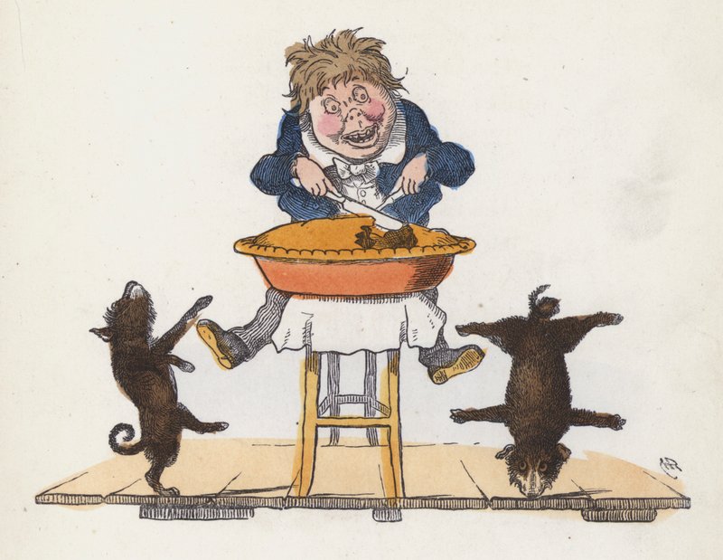 Jongen eet een taart terwijl zijn huisdierhond acrobatische toeren uitvoert door Charles Henry (after) Bennett