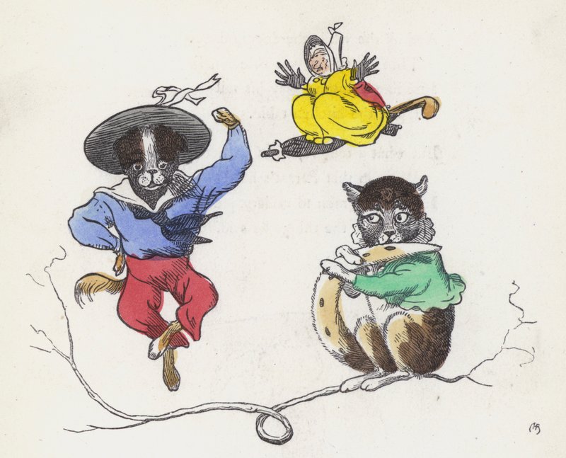 Dame Trottypeg en haar huisdier kat en hond door Charles Henry (after) Bennett