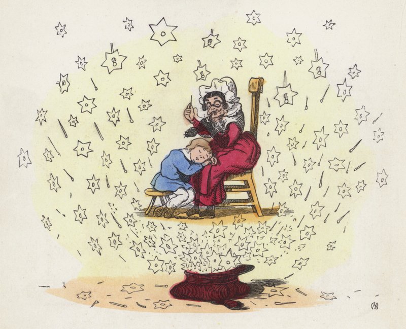 Kleine jongen die droomt op de schoot van zijn verpleegster (gekleurde gravure) door Charles Henry (after) Bennett