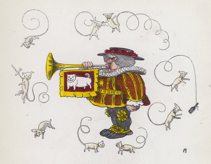 Stadsomroeper die op een trompet blaast, omringd door krulstaartige honden door Charles Henry (after) Bennett