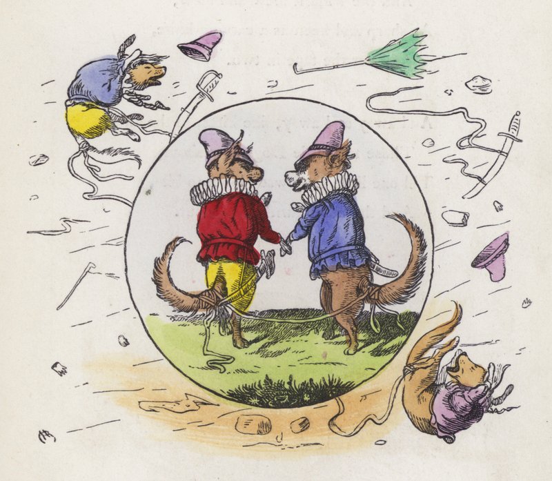 Twee honden in Tudor-kostuum op een winderige dag met hun staarten aan elkaar gebonden om te voorkomen dat ze wegwaaien door Charles Henry (after) Bennett