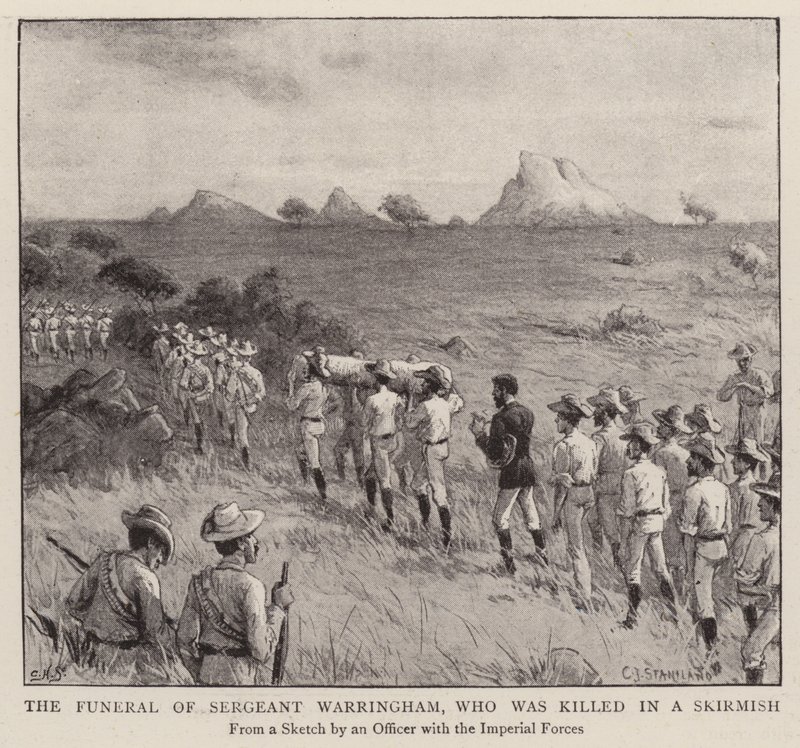 De begrafenis van Sergeant Warringham, die werd gedood in een schermutseling (gravure) door Charles J. (after) Staniland