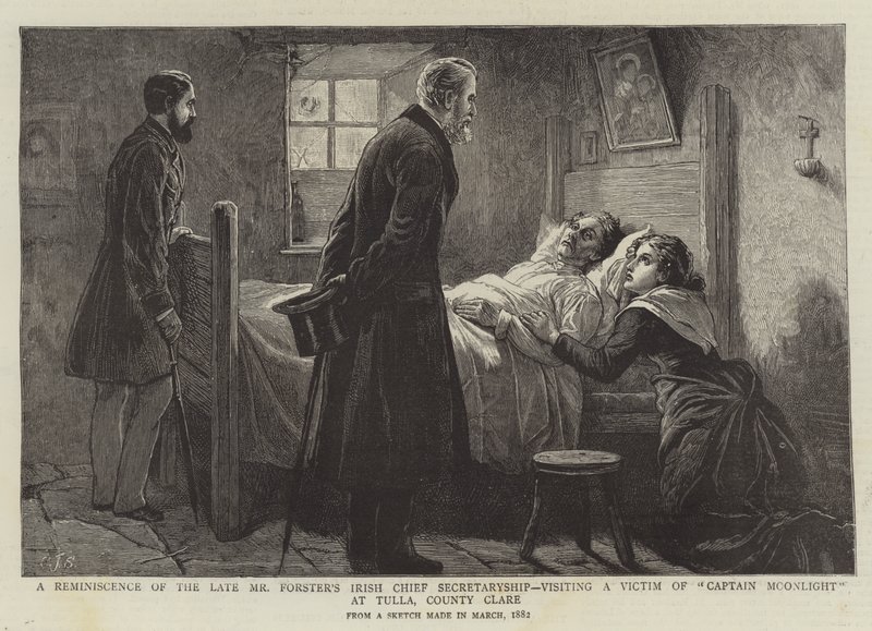 Een herinnering aan het late Ierse hoofdsecretariaat van de heer Forster, een slachtoffer van kapitein Moonlight bezoekend in Tulla, County Clare door Charles J. Staniland