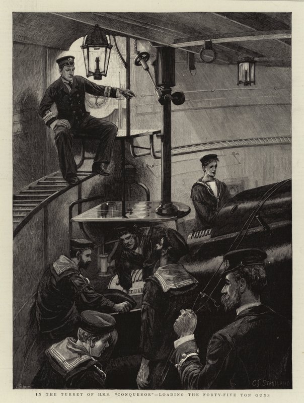 In de toren van HMS Conqueror, het laden van de vijfenveertig ton kanonnen door Charles J. Staniland