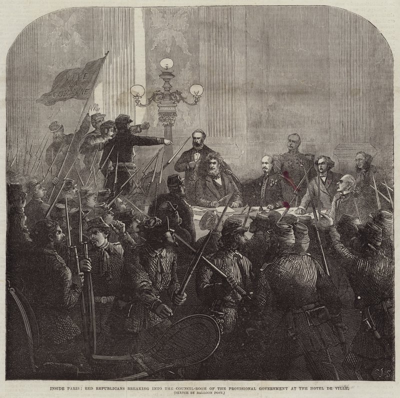 Binnen Parijs, Rode Republikeinen breken in de Raadskamer van de Voorlopige Regering in het Hotel De Ville door Charles J. Staniland