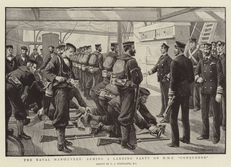 De Marine Manoeuvres, een Landingspartij bewapenen op HMS Conqueror door Charles J. Staniland