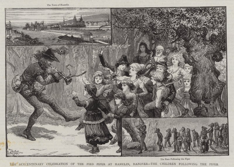 De zesde-eeuwse viering van de rattenvanger van Hamelen, Hannover, de kinderen die de rattenvanger volgen door Charles J. Staniland