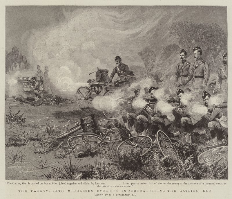De zesentwintigste Middlesex-fietsers in Zereba, het afvuren van het Gatling-kanon door Charles J. Staniland