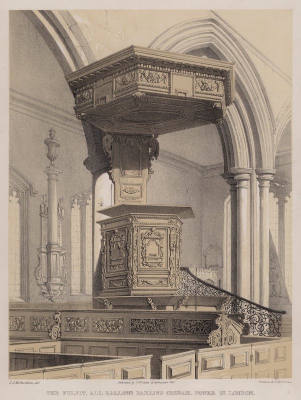De preekstoel, All Hallows Barking Church, Tower Street, Londen door Charles James Richardson