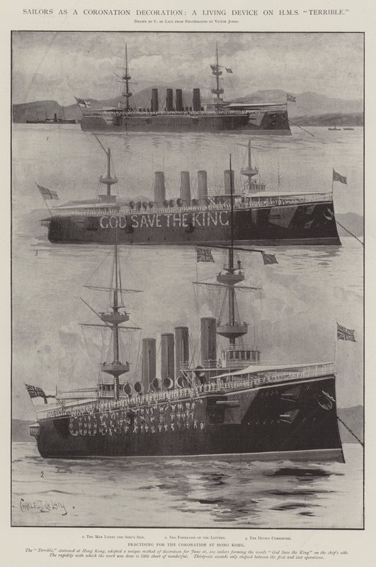 Matrozen als een Kroningsdecoratie, een Levend Apparaat op HMS Terrible door Charles John de Lacy