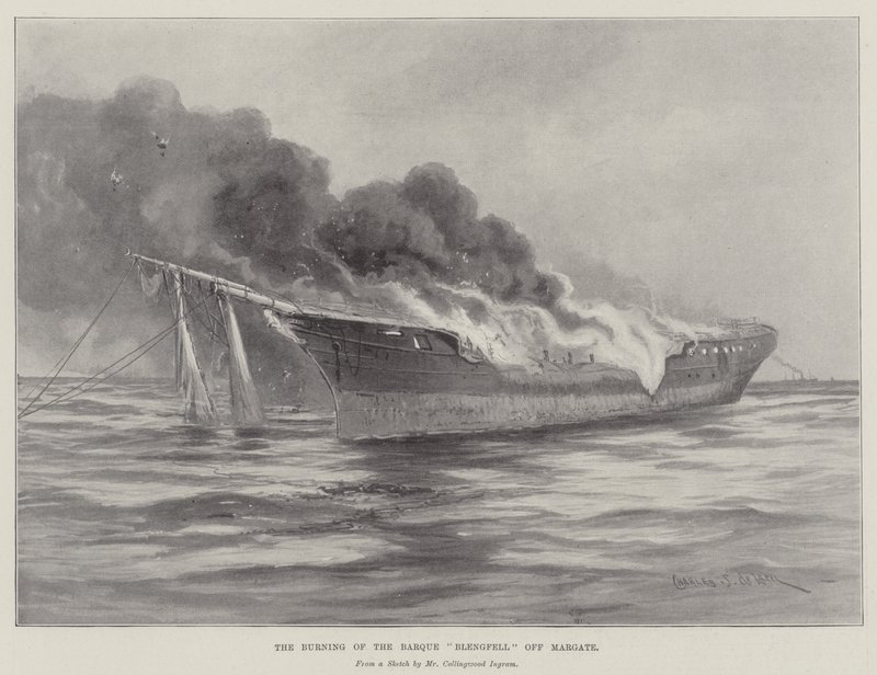 De brand van de bark Blengfell bij Margate door Charles John de Lacy