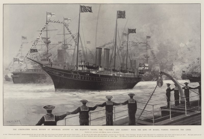 De kroningsvlootparade bij Spithead, 16 augustus, het jacht van Zijne Majesteit, de Victoria en Albert, met de koning aan boord, passeert door de lijnen door Charles John de Lacy