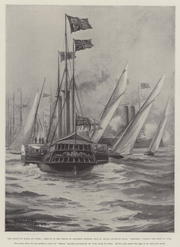 De Prins van Wales in Cowes, Aankomst van de Prins op Zaterdagavond, 30 juli, Koninklijk Saluut door HMS Crescent, Kapitein de Hertog van York door Charles John de Lacy