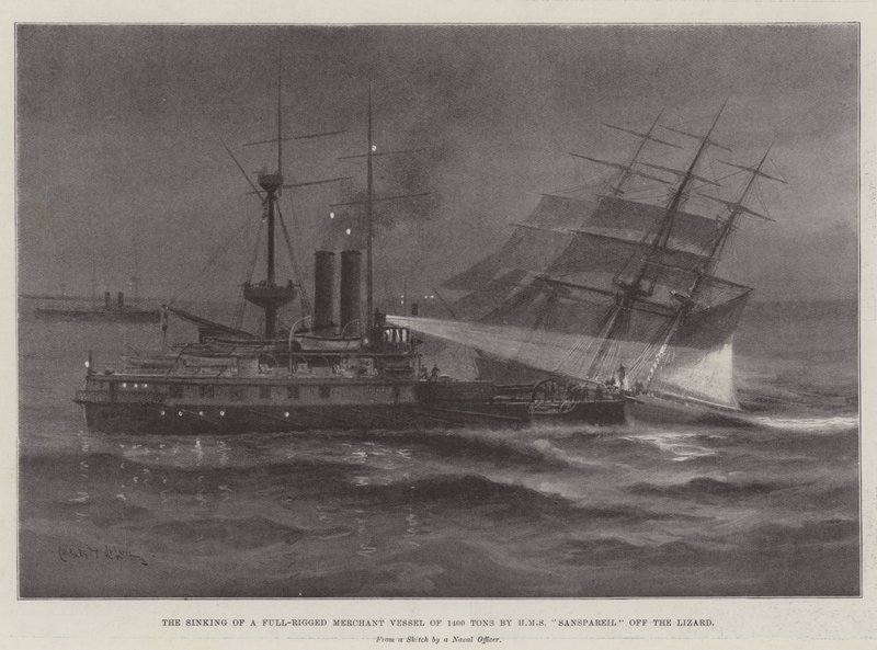 Het Zinken van een Volledig Getuigde Koopvaardijschip van 1400 Ton door HMS Sanspareil bij de Lizard door Charles John de Lacy