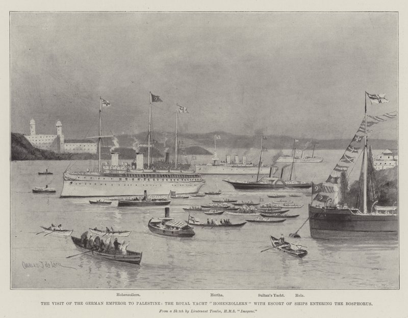 Het bezoek van de Duitse keizer aan Palestina, het koninklijke jacht Hohenzollern met escorte van schepen die de Bosporus binnenvaren door Charles John de Lacy