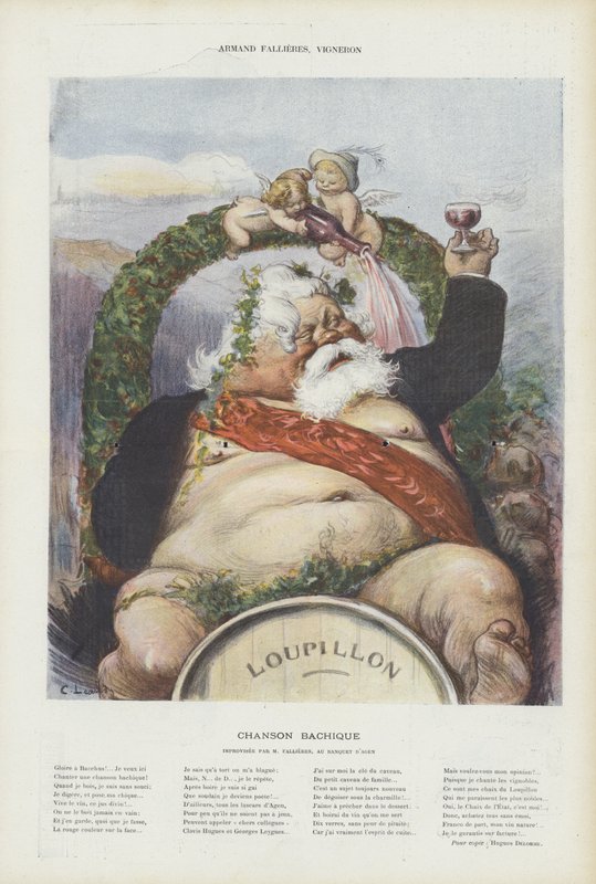 Armand Fallieres, wijnmaker. Illustratie voor Le Rire door Charles Leandre