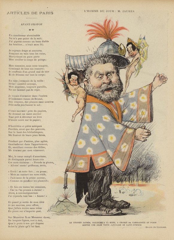 Karikatuur van de Franse socialistische politicus Jean Jaures. Illustratie voor Le Rire door Charles Leandre